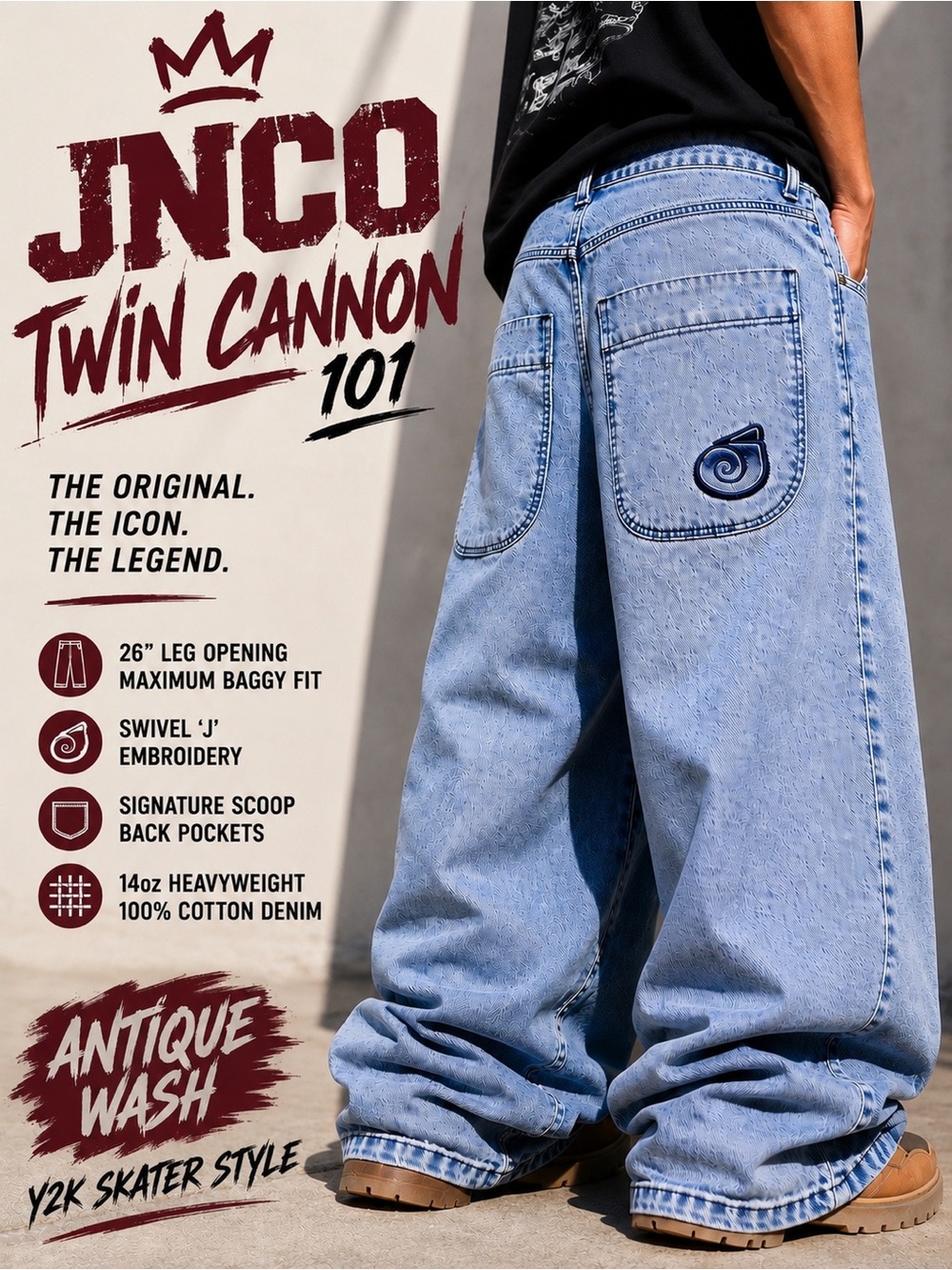 Vintage JNCO Twin Cannon Jeans 28x30 Antique Wash Wide Leg Skater Y2K